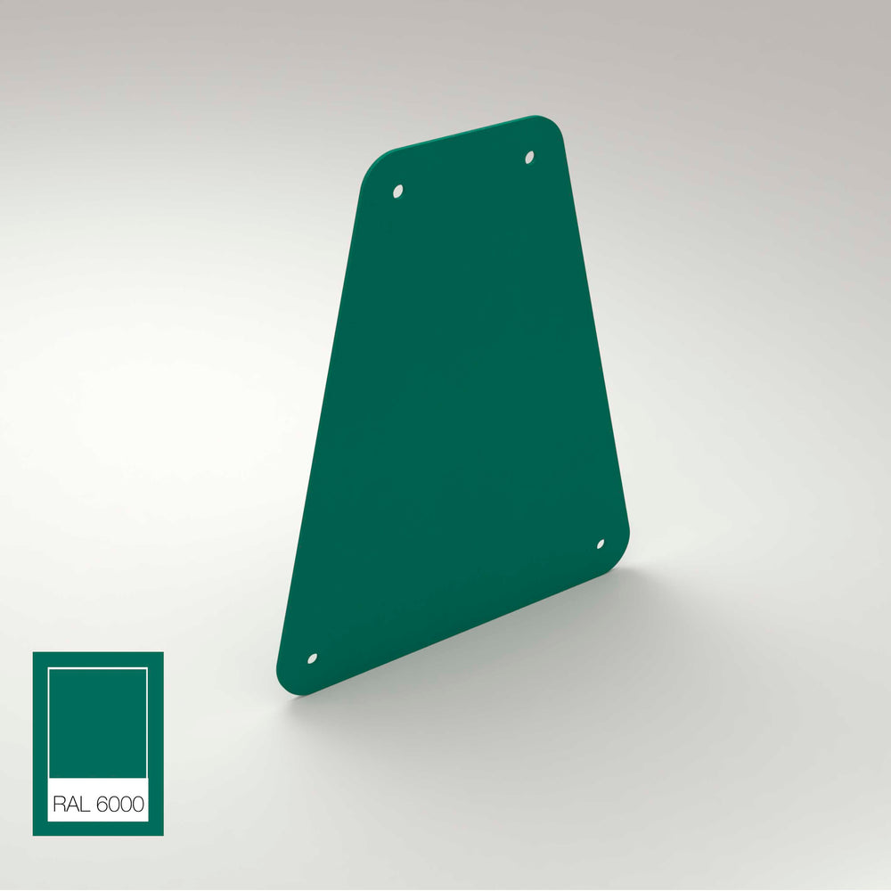 A green End Cap for Carmen Profile, shaped as an irregular quadrilateral aluminum plate with four corner holes, stands upright. A RAL 6000 swatch matches its color, set against a light gray background.