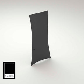 A curved, upright rectangular black aluminum End Cap for Lola Profile stands on a light background. Two small center holes are visible. A color swatch labeled RAL 9005 in the corner shows the black color reference for this end cap.