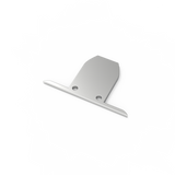 The End Cap for Ginebra Profile is made of silver anodised aluminium, featuring a rectangular base with two round holes and a perpendicular top edge. It is designed for the Ginebra Profile and shown on a plain white background.
