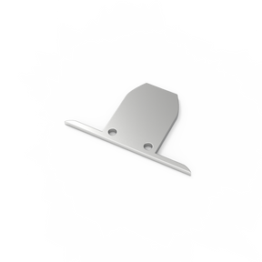 The Aluminum End Cap for Ginebra Profile is a silver, anodized aluminum piece with two holes and a horizontal flange at the base, designed for Ginebra lighting fixtures. Shown on a white background, it serves as an end cap component.