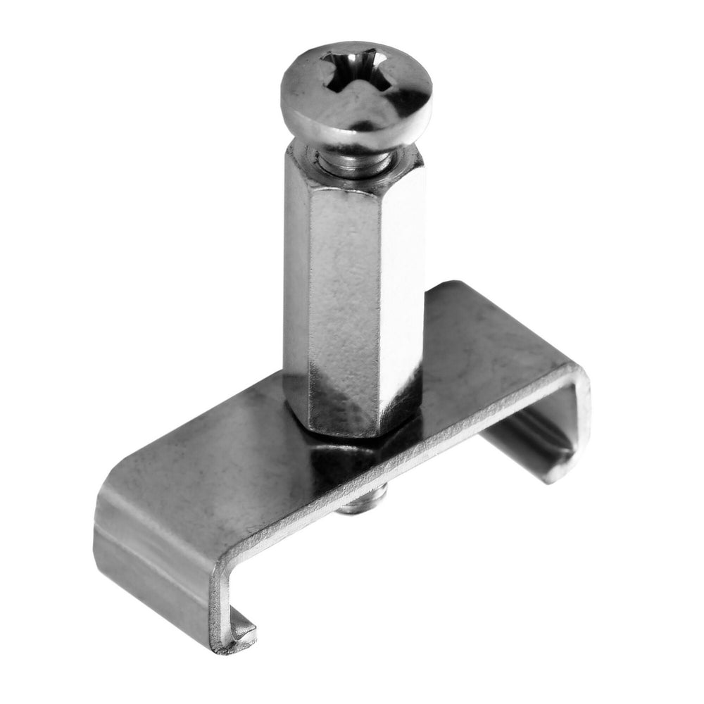 A close-up of the Support Plate for Bruselas Profile shows a steel fastener with a hexagonal shaft, Phillips screw top, flat base with bent edges, and an open slot in the bracket for easy attachment.