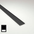 A long, narrow, black metal Complementary Profile for Antonio, Lola and Ricardo Profiles lies diagonally on a white surface. A black color swatch labeled RAL 9005 appears in the bottom left corner.