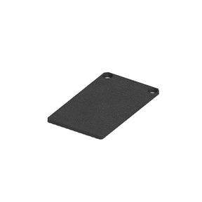A black, rectangular High End Cap for Flo Profile with slightly rounded corners and two small holes in opposite corners, shown at an angle on a white background.