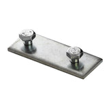 A Profile Joint for Bruselas Profile, featuring a rectangular steel plate with two hexagonal bolts and nuts at opposite corners, is displayed against a white background.