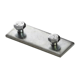A Profile Joint for Bruselas Profile, featuring a rectangular steel plate with two hexagonal bolts and nuts at opposite corners, is displayed against a white background.