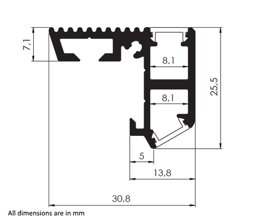 Small LED Stair Nosing Channel ~ Model Alu-Stair Nano - Wired4Signs USA - Buy LED lighting online