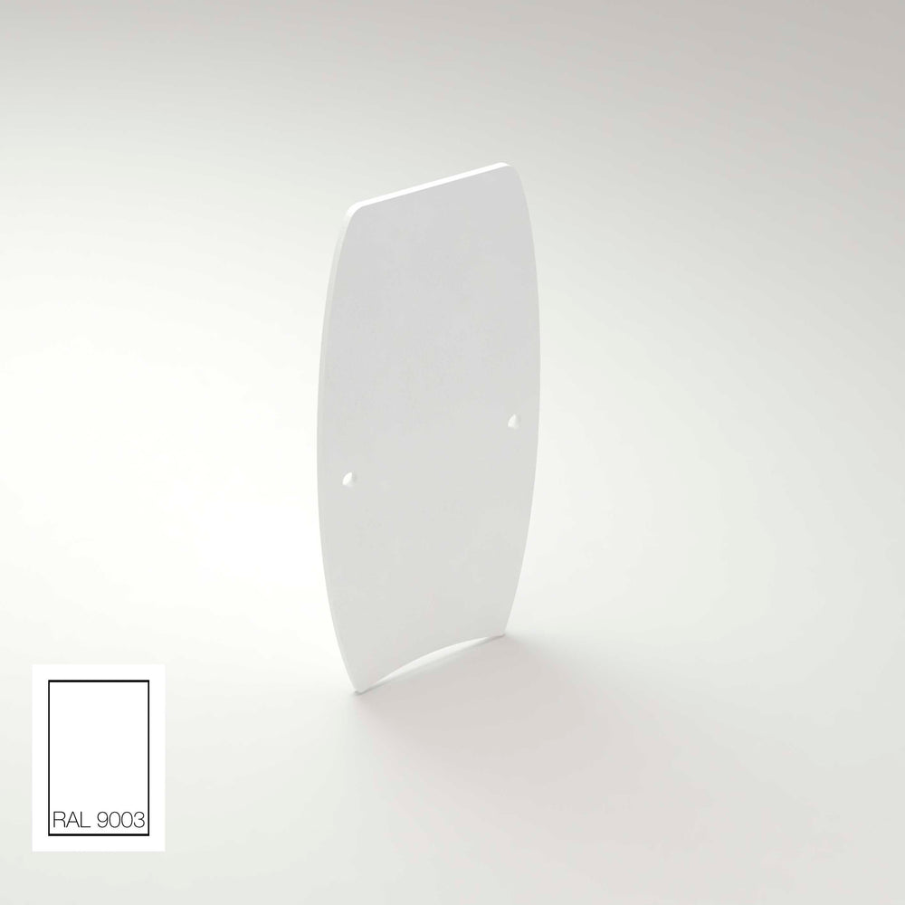 A curved, white aluminum End Cap for Ricardo Profile with two holes stands upright on a light surface. In the lower left corner, a color swatch labeled RAL 9003 shows the shade of white used.