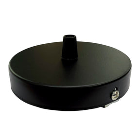 The Round Ceiling Canopy is a black metal, circular mount with a central threaded pipe and side screw, ideal for securing electrical light fixtures and pairing with LED profiles.