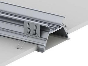 Close-up of the Recessed 3-inch LED Light Strip Channel (Model RPLW80-FL) aluminum profile with metal clips and a partially inserted panel, ideal for integrating recessed lighting, shown on a white background.