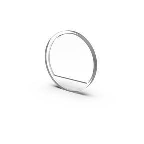 A thin, round, transparent glass disc with a metallic edge stands upright on a white surface next to a Plastic End Cap for Smokies38 Profile, both casting soft reflections below.