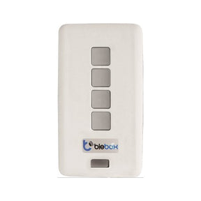 The uRemote by Blebox is a white, rectangular miniature Wi-Fi remote with four gray square buttons in a vertical row, blebox logo at the bottom, and app compatibility for easy control via micro Wi-Fi technology.