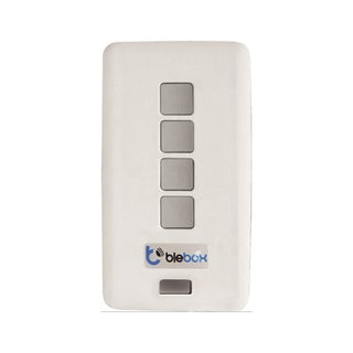 The uRemote by Blebox is a white, rectangular miniature Wi-Fi remote with four gray square buttons in a vertical row, blebox logo at the bottom, and app compatibility for easy control via micro Wi-Fi technology.